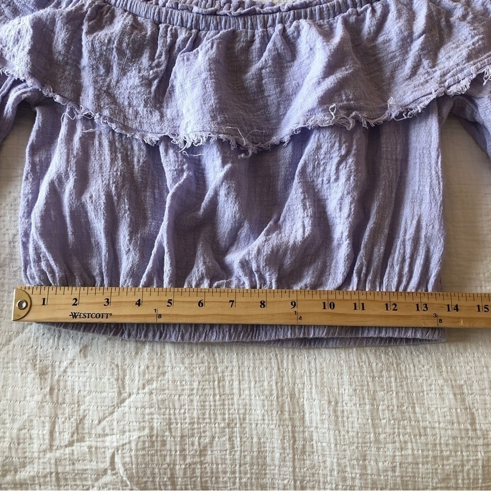 FAVLUX pastel lavender gauzy cotton off shoulder flare sleeves cropped sexy top - Picture 8 of 9